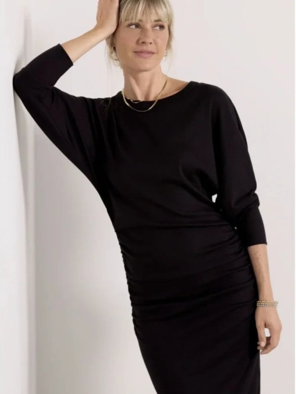 MICHAEL STARS dolman sleeve long ribbed ruched midi Med black NWT